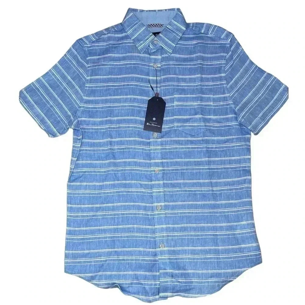 Ben Sherman blue and white linen blend short sleeve button down shirt sz S